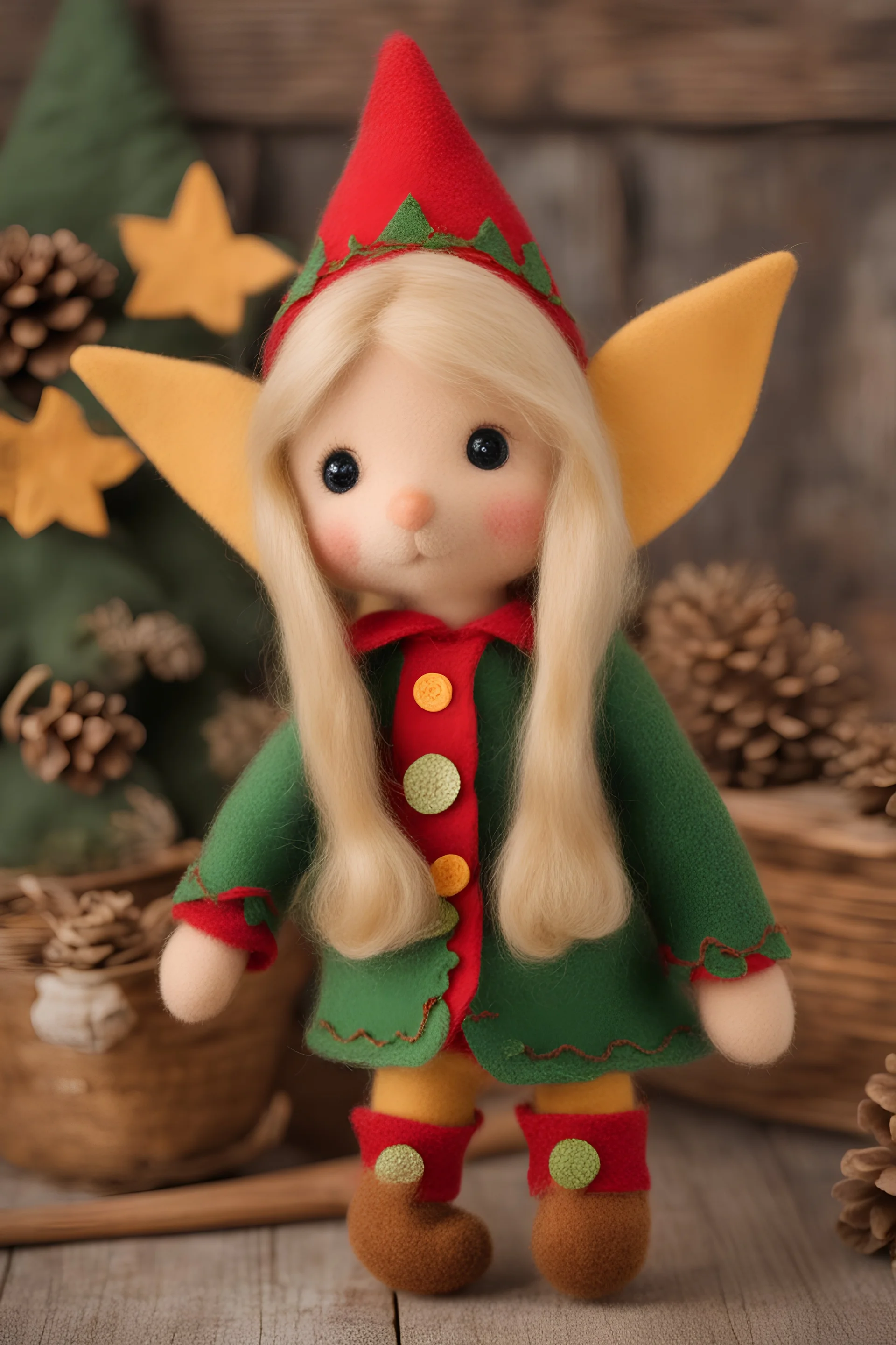 Little elf, blond, measuring 30cm, has long hair, long pointed ears, wearing a pointed felt hat, long felt clothing, ...