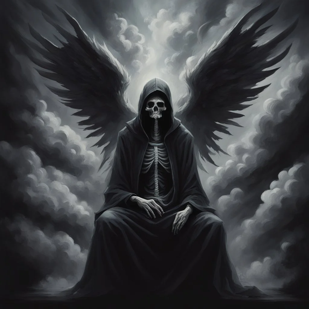 person sitting on a dark background. The dominant colors are black and gray, which give the scene an ominous and mysterious character. The person has their face turned upwards and blows cigarette smoke from their mouth, which enhances the impression of intrigue. It depicts a figure with wings emerging from its back, as if transforming into some supernatural creature. a hooded skeleton can be seen behind the clouds of smoke. he holds a scythe in one hand and a touch person in the other