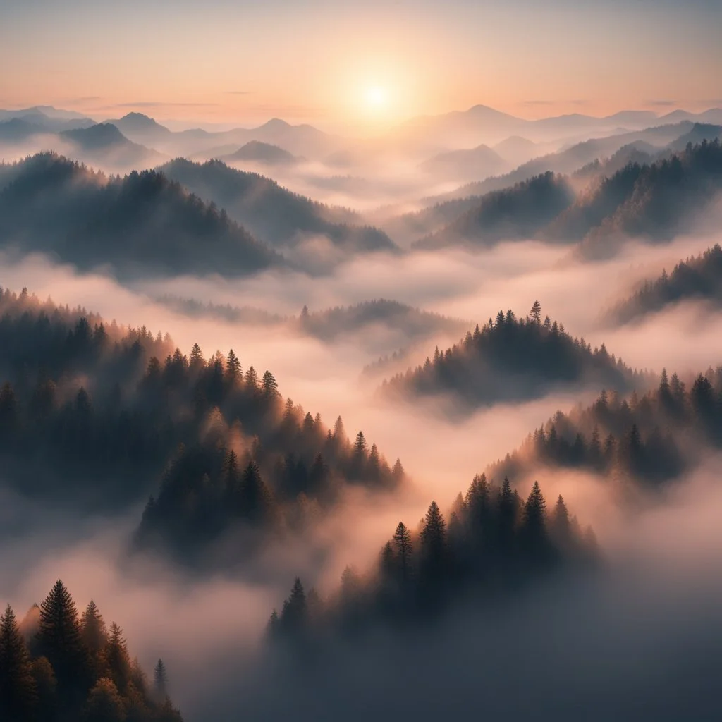 Hyper Realistic Areal view of mountains & trees with thick fog at sunset