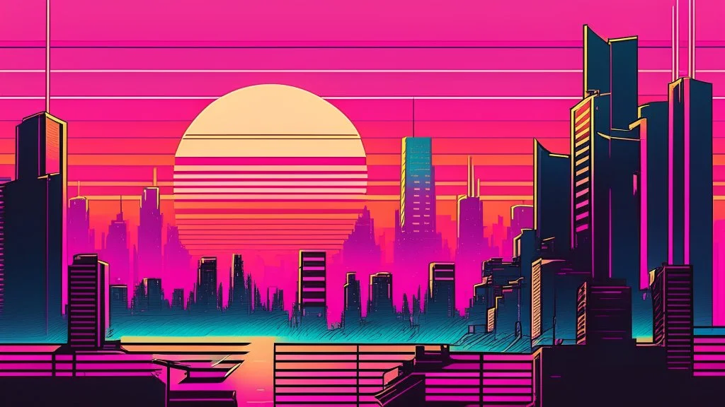synth-wave, synth-wave one sun, synth-wave city, simple,iconic:1.8), synth-wave color in city, comic style