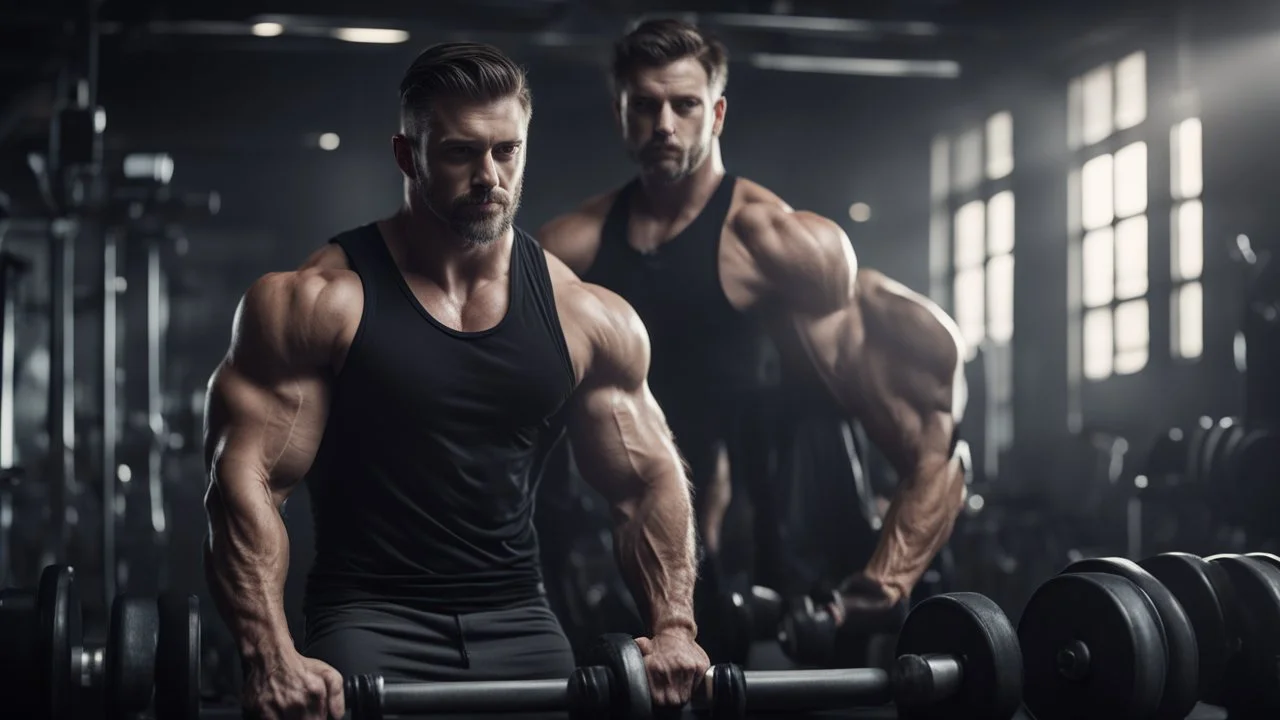 Hyper Realistic muscular-handsome-man-with-black-tank-top training-in-dark-gym with dumbbells & other gym-machinery with dramatic-&-cinematic-ambiance