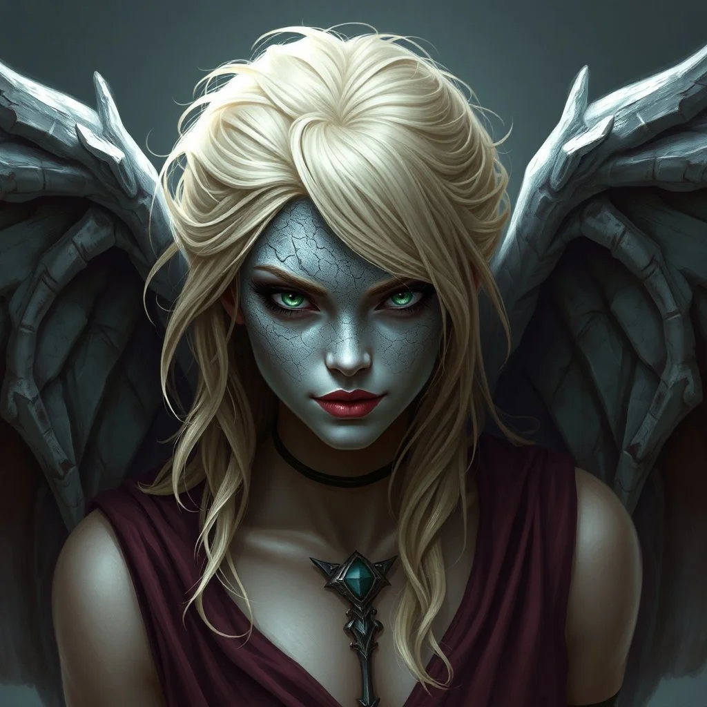 a blonde fantasy woman who is turning into a gargoyle, her face is partially stone, stone wings, digital art, stylised