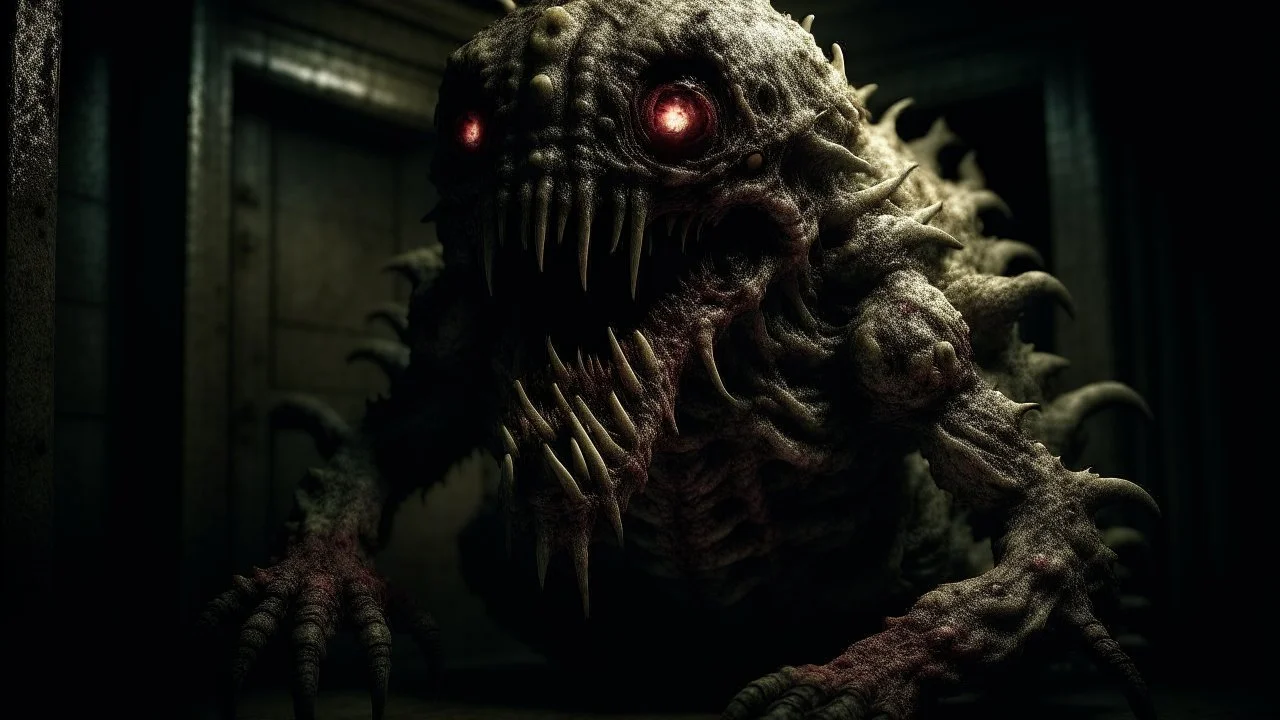 A grotesquely mutated digital pet, with twisted tentacles and glowing red eyes, lurks in the shadows of a dimly lit room. The eerie photograph captures this abomination in astonishing detail, showing off its pixelated scales and jagged teeth with haunting clarity. The high-definition image evokes a sense of dread and unease, drawing viewers into the surreal horror of this monstrous creation. Poe and Lovecraft