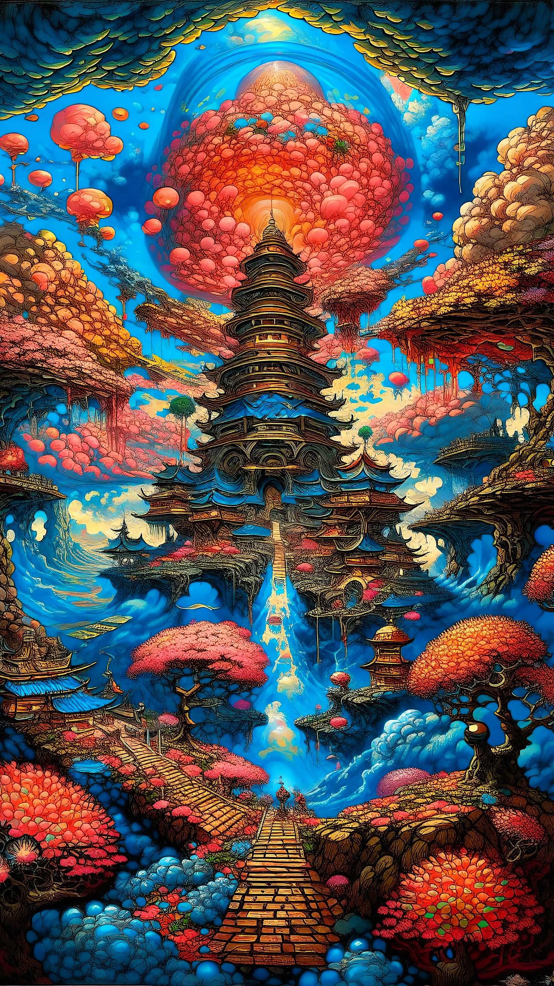Create a picture A surreal whimsical landscape, Dalam liarnya peradaban kuno menyeruak kedalam jiwa, jiwa panik terbang chaos apocalyptic, struktur baroque megah, awan ukiyo-e style, mesin rumit besi bergelombang fractal psychedelic vortex panjang cahaya dari atas menembus awan menuju bumi, dengan jiwa tak bertepi, tumbuhan dan bunga sakura, tulip, bergemuruh menambah kengerian dan keindahan dalam fenomena alam yang tersaji, taman surga indah penuh kedamaian, anak bidadari bermain panah panah ci