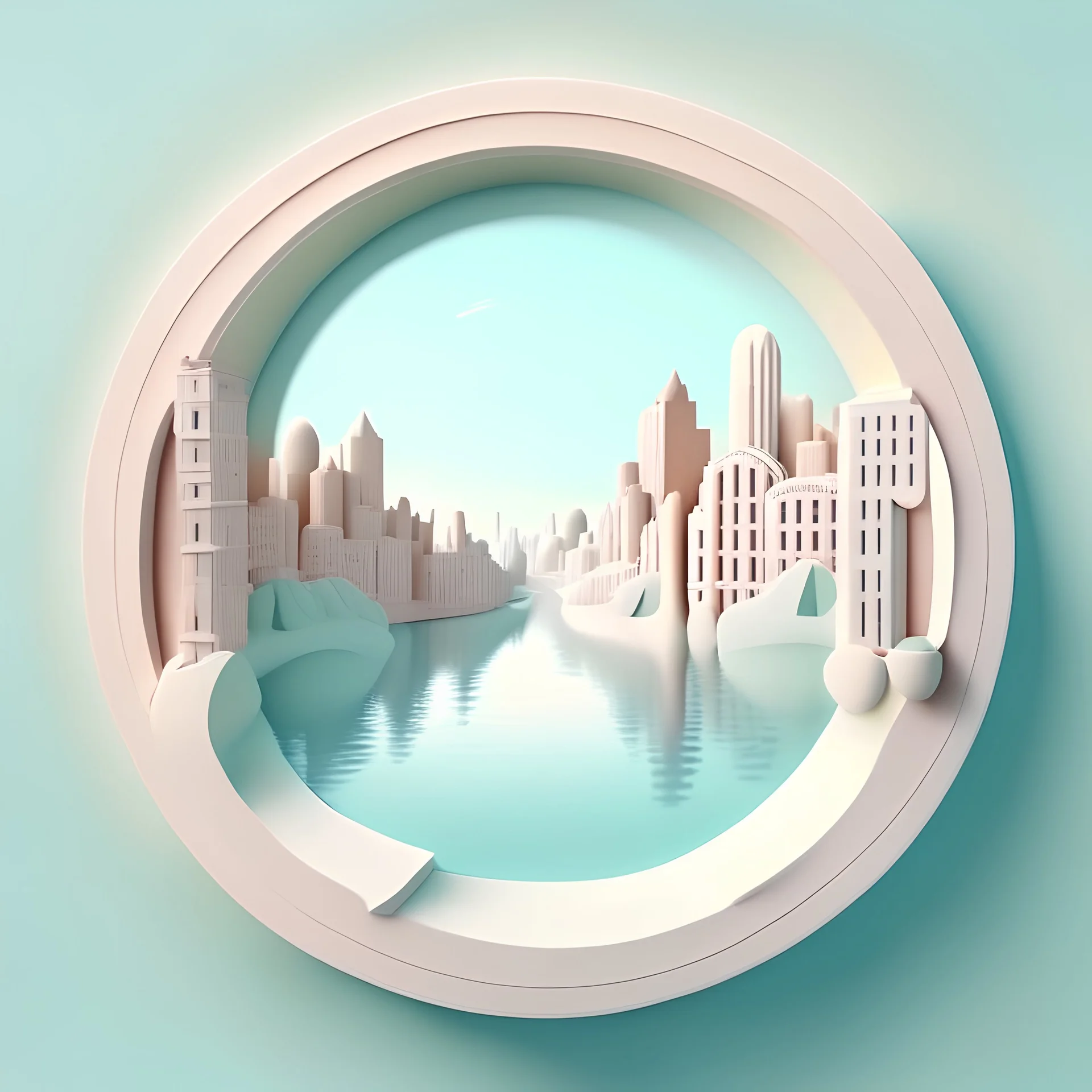 city and river water, in 3d clay animation style, calm and pastel background, inside white perfect circle frame