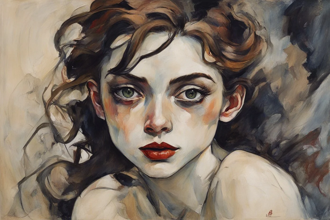 Painting of a vampire girl, in the Expressionist style of Egon Schiele, Oskar Kokoschka, and Franz Marc, in muted natural colors