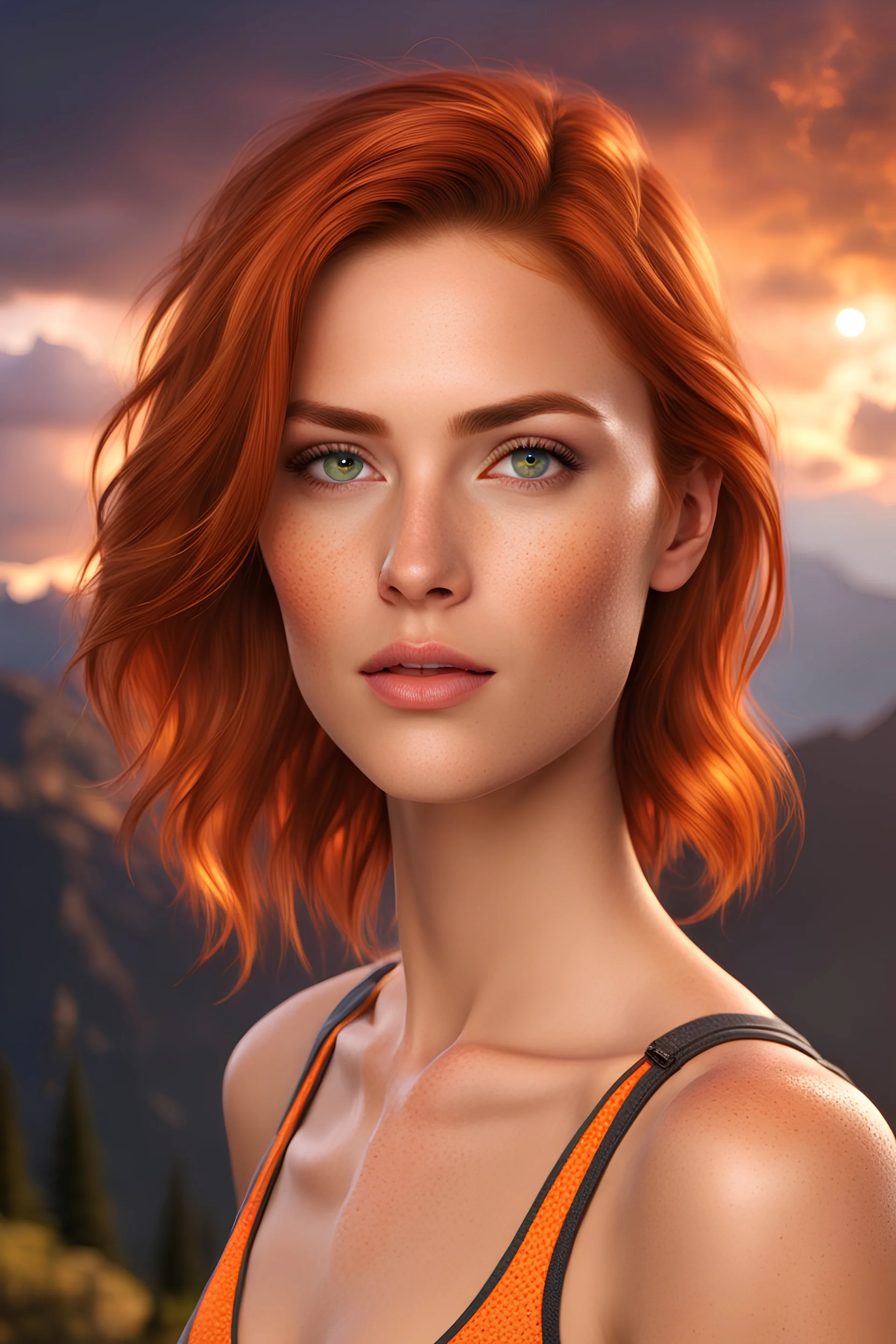 Photorealistic image of young woman with reddish hair, wearing short shorts, 8K UHD, mountain and orange lightning clouds in the background, looking at camera, rim lighting, studio lighting, high detailed skin, skin pores, freckles, ultra quality