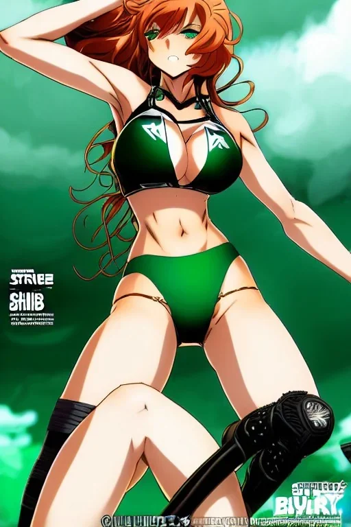 In the style of Shirow, hyper detailed, strikingly beautiful teen female, 16 years old, long ponytail, ginger hair, green eyes, medium freckles, full lips, full body, full face, b-cup breasts, athletic, centred camera, ignore NSFW, bikini, athletic, sitting, legs spread