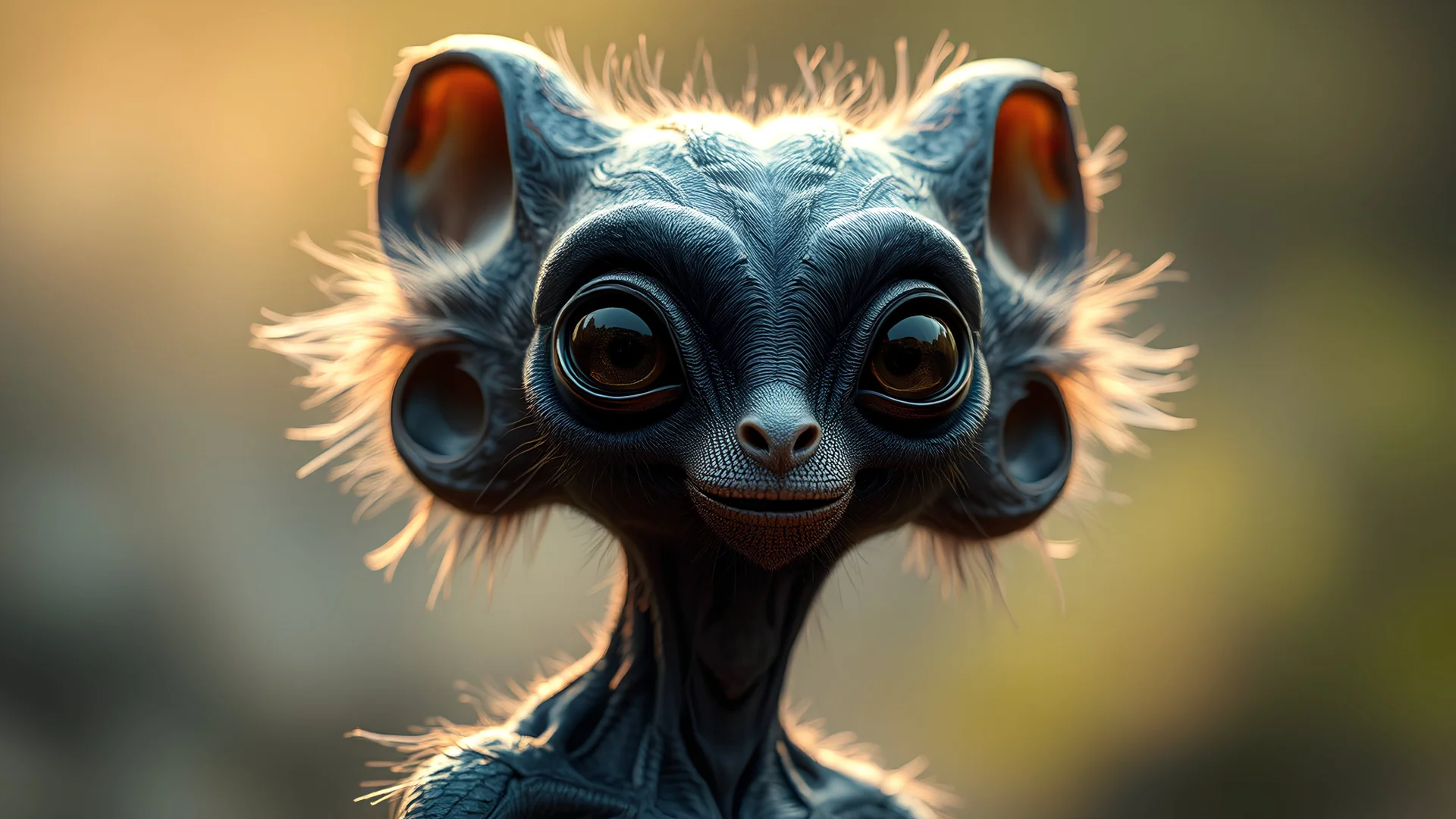 Strange, innovative, beautiful, unknown furry humanoid alien mammal, futuristic, ingenious, exquisite body, striking skin, happy, intelligent, calm, thoughtful, friendly, rapport, confident, attractive, extreme characteristics, beautiful volumetric lighting, attractive composition, photorealistic, bokeh blur, extremely detailed, chiaroscuro