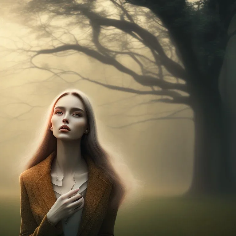 portrait photography of ethereal beauty, 8K, a woman's head, a sunny atmosphere, misty smoke, oak tree roots