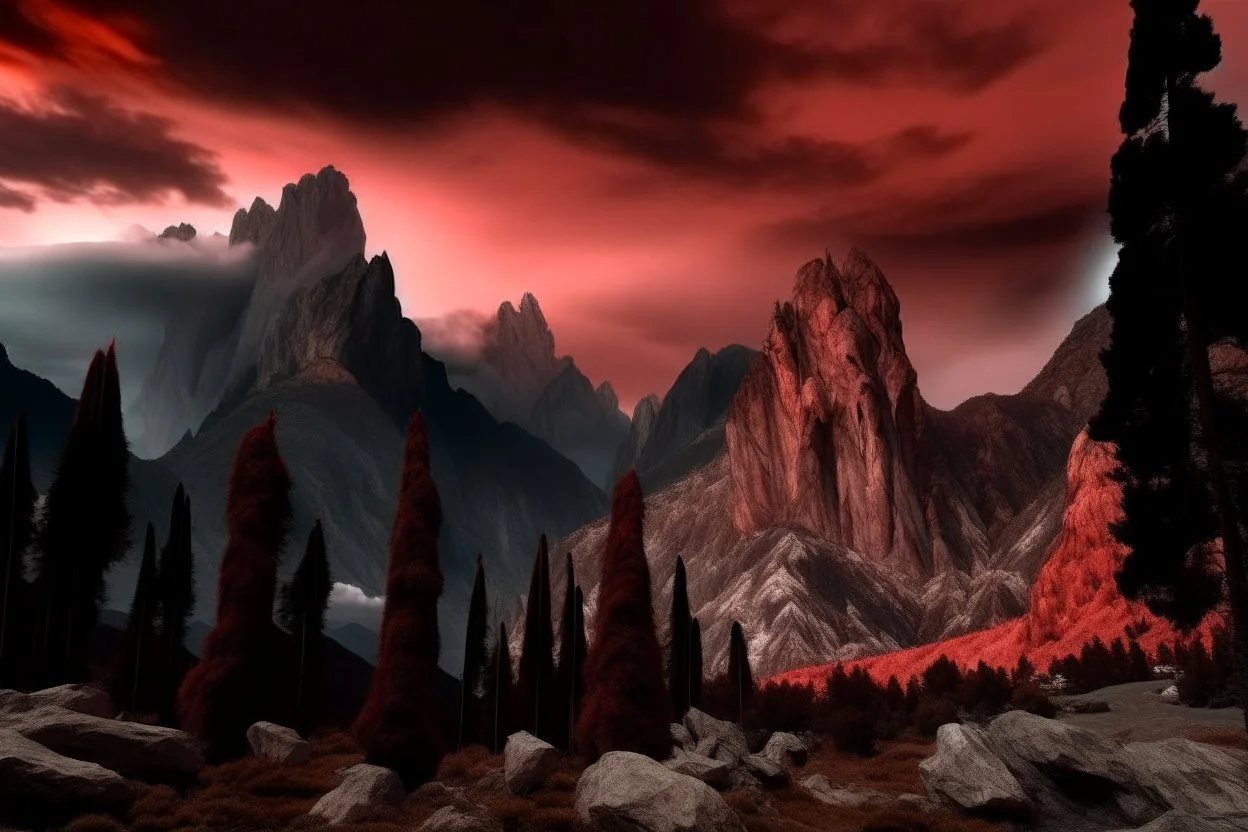 mountains, a gloomy rocky landscape, cypresses stretching up in the foreground, rocks and a bloody sky in the background