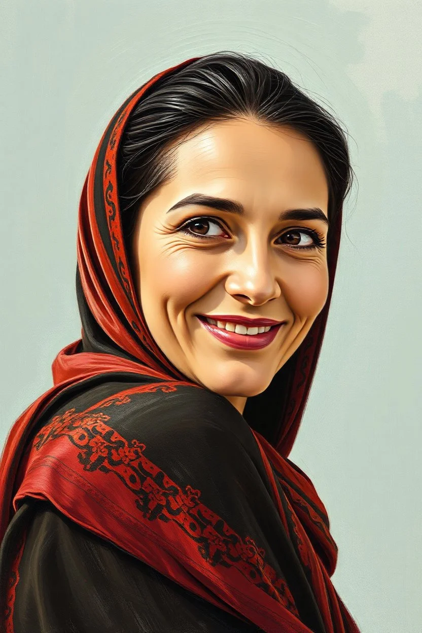 Palestinian woman with a beautiful face, turning her face slightly to the right, smiling slightly, her mouth closed, not showing her teeth, her eyes looking to the left, she looks drawn with oil paints