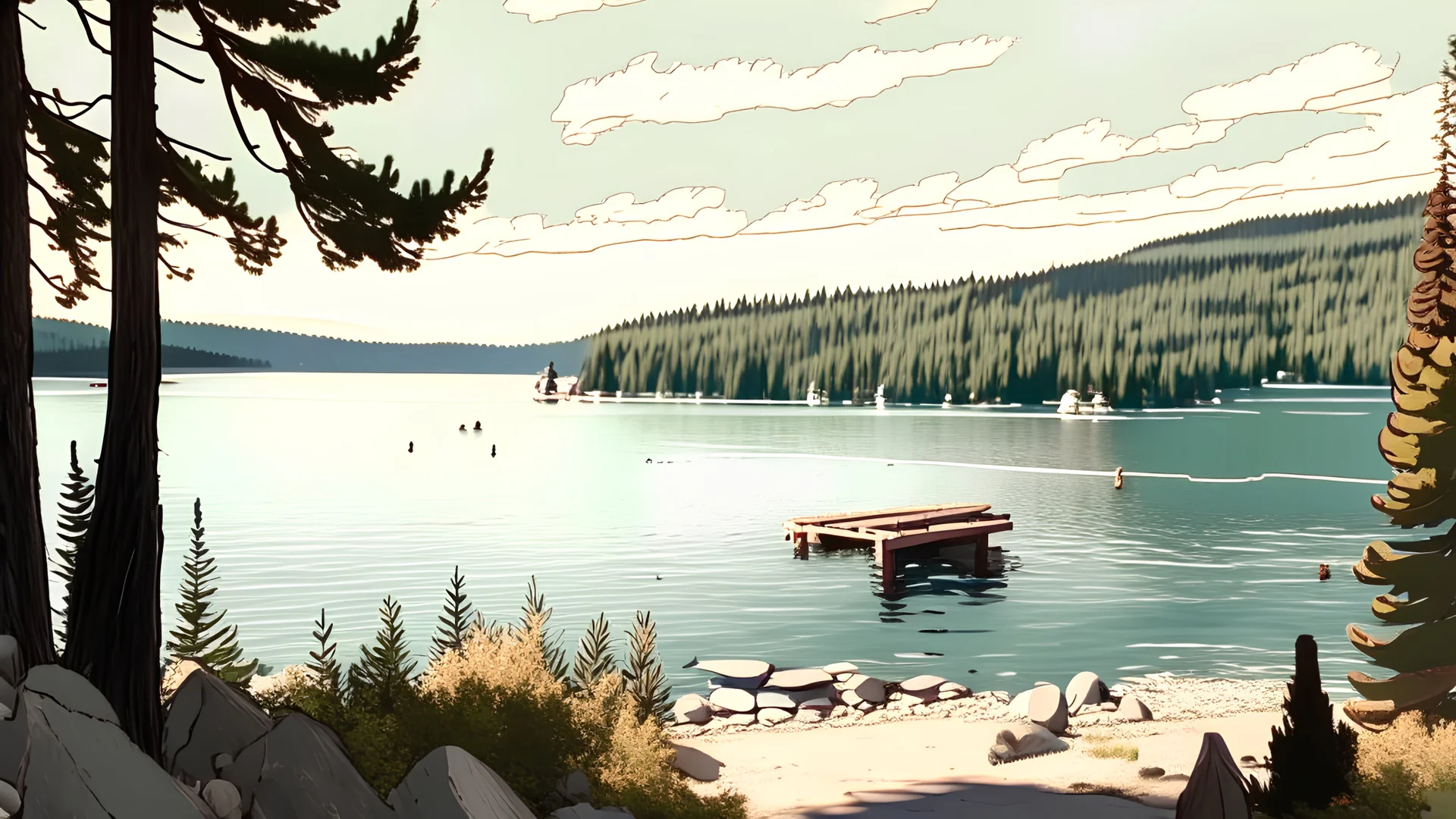 Couer D Alene lake drawn in a soft lofi art style