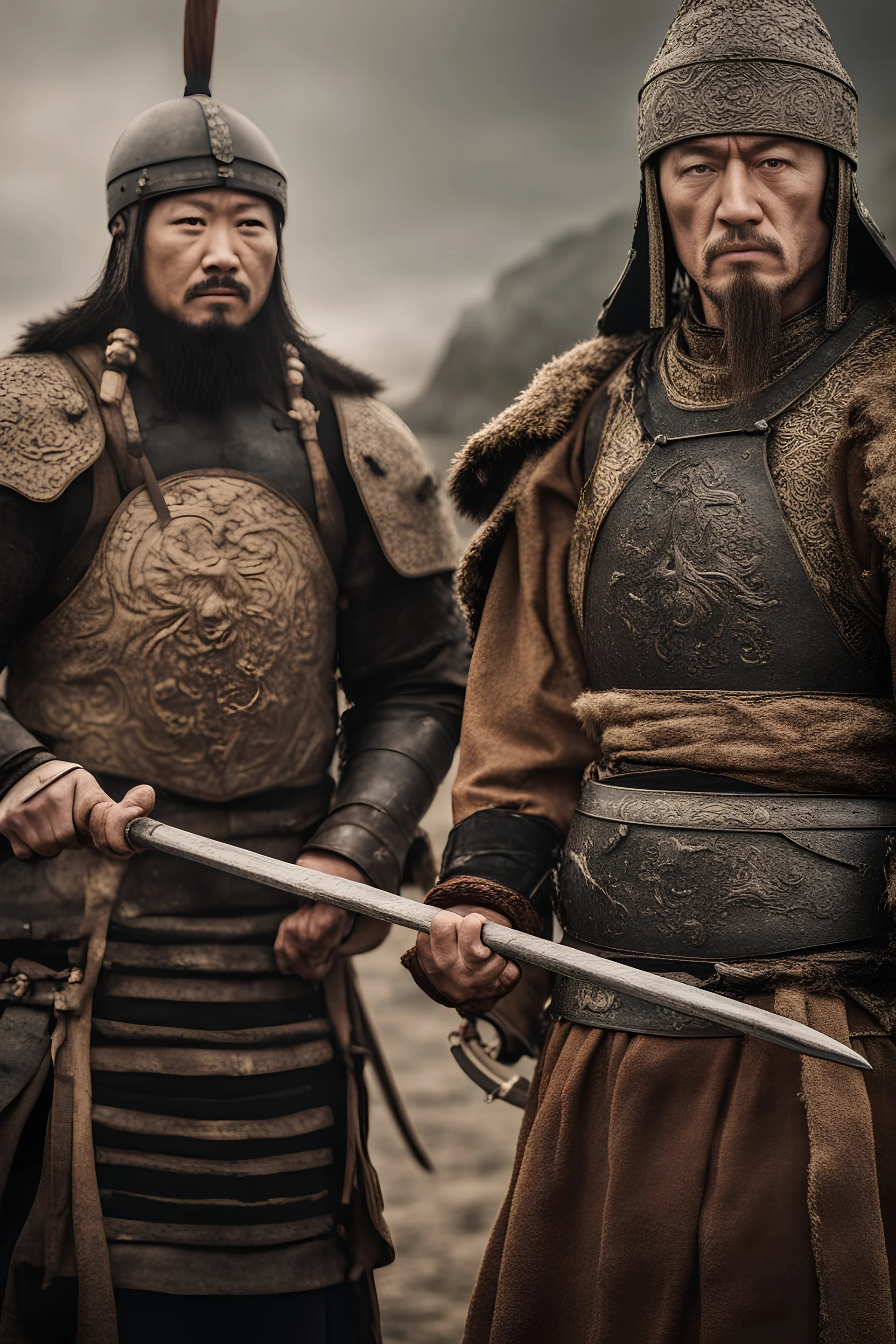 Close-up of a warrior the 1200s and a Mongol warriors portrait , strong athletic build, cinematographic photo
