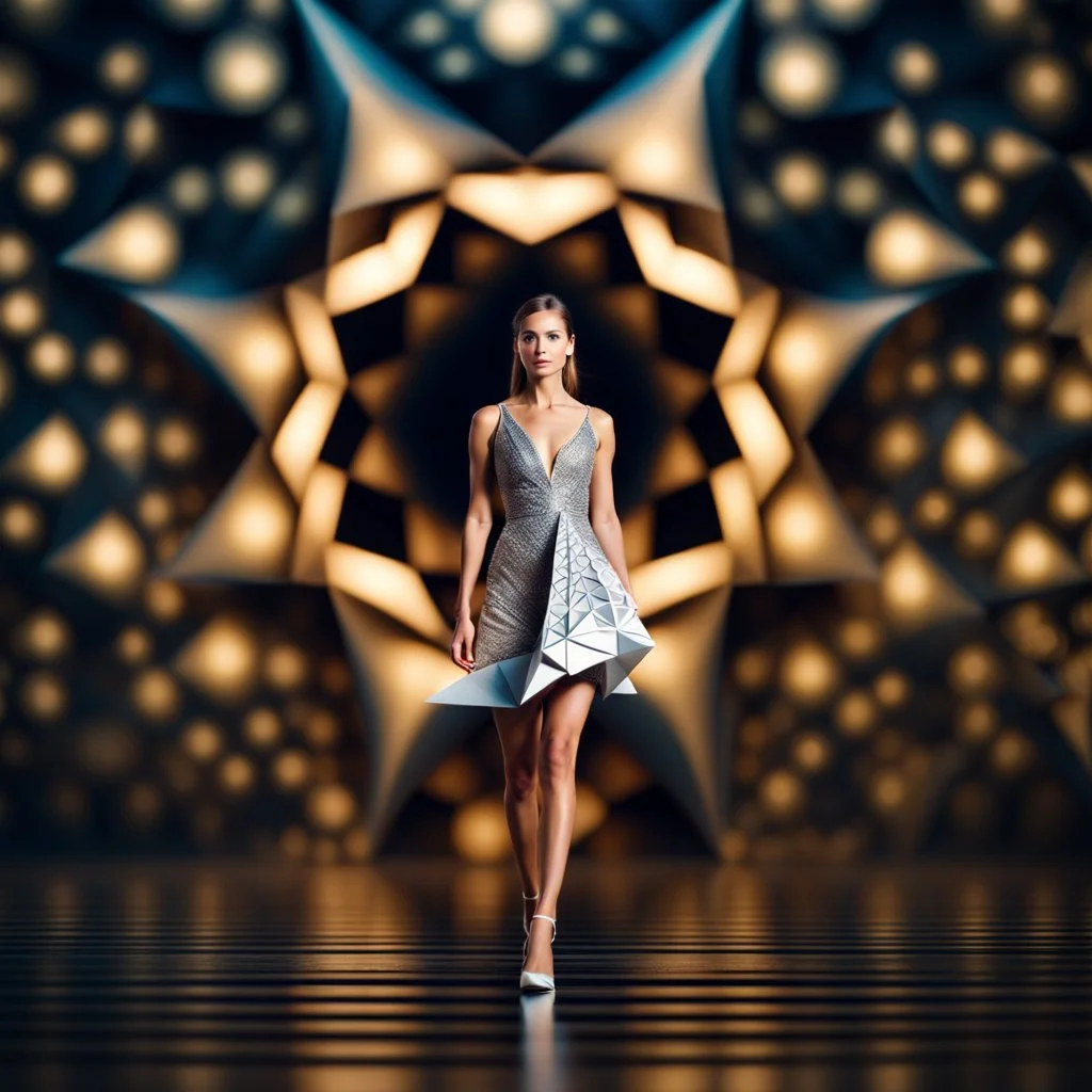 A full-body shot of a beautiful lady walking and looking at the camera within an intricate origami-style 3D fractal interstellar world. The image uses a blurred bokeh effect, folded paper aesthetic, geometric precision, sharp subjec