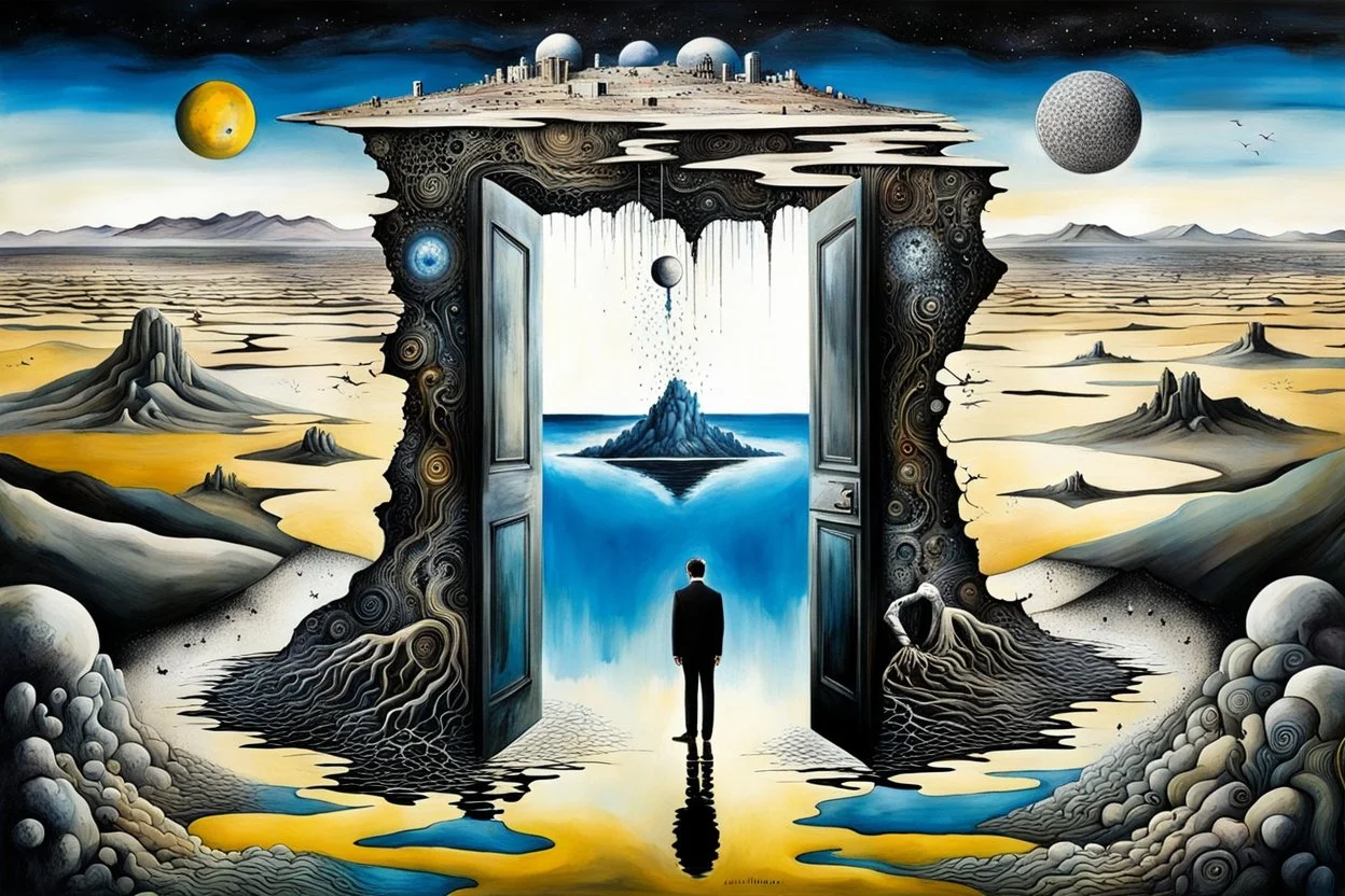 deep absurd nightmare, inner world and dynamics of the uncontrolled mind and soul, center lonely big portrait like one little floating island in the cold deep Sahara, around surreal cracked painted weird land, doors. Whimsical style of Chagall meets the dark visions of Minjae Lee and René Magritte, lonely, sad face with absurd beauty. broken, weird inhabitants of this bizarre landscape, labirynth, surreal vibe