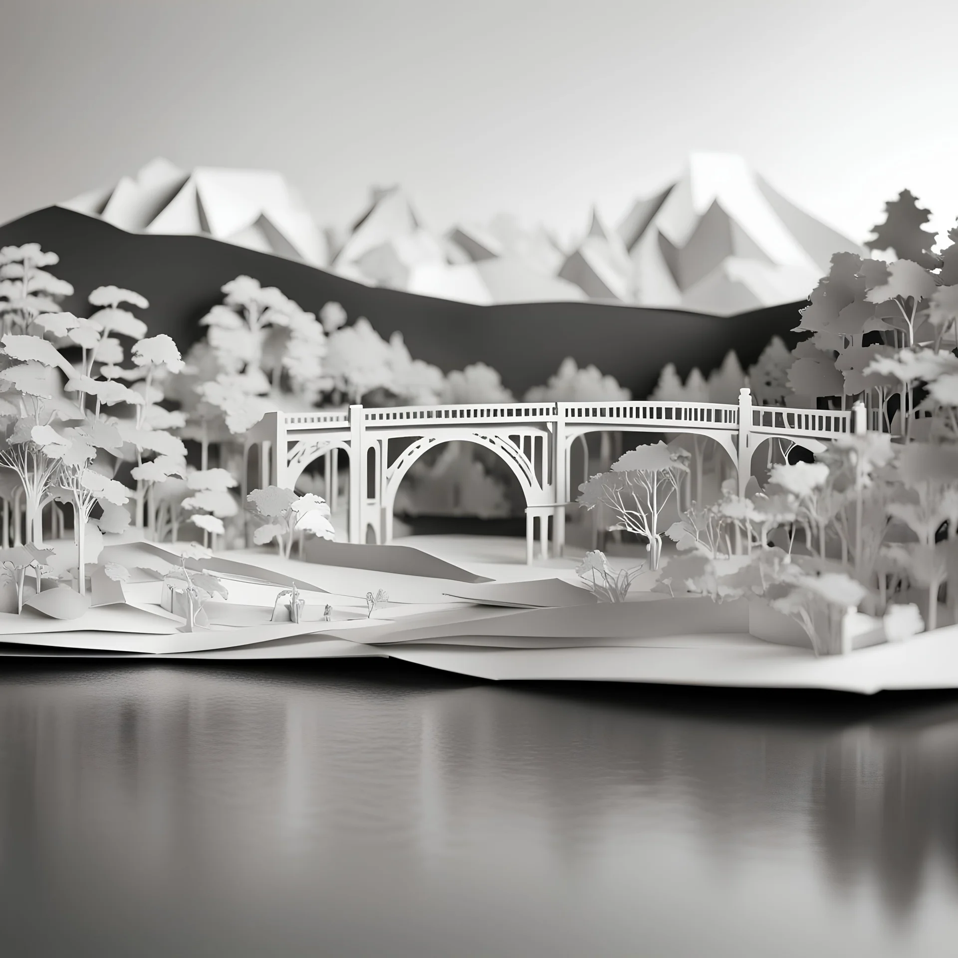 Derwent Bridge in Tasmania with riverornate Papercraft, popup book, soft shadows, ambient occlusion, monochromatic