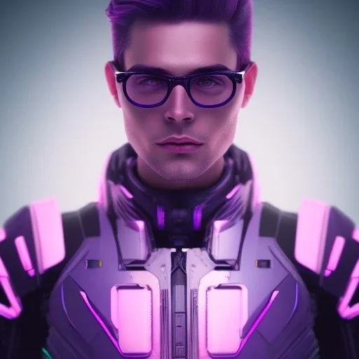 Cute boy face eyeglasses , Sci-fi character, purple backlight, pink and purple, scifi suit, profile, purple background, pink lighting