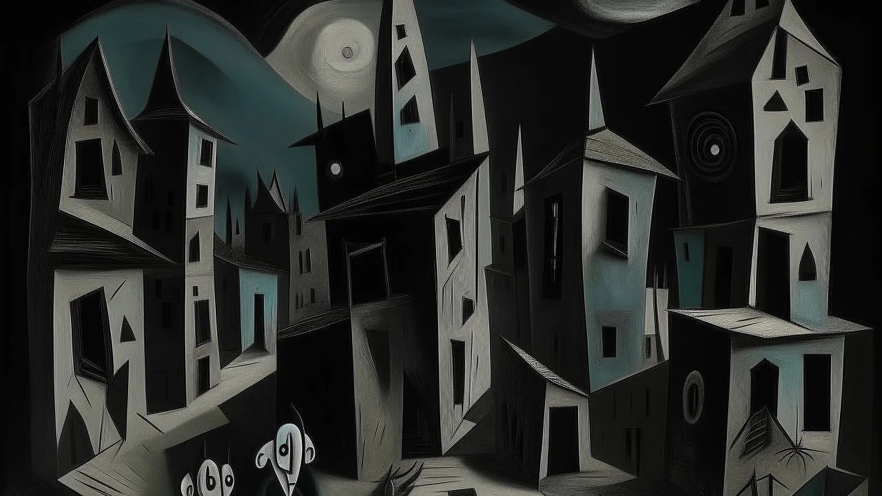 A black dark abandoned town in a dimension painted by Pablo Picasso