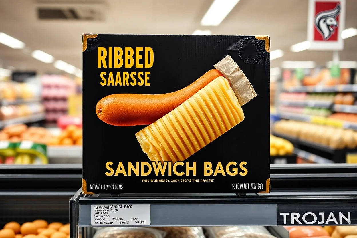 satirical product advertisement, Trojan brand black and gold sandwich bag box on display on a grocery store shelf, "RIBBED SANDWICH BAGS", picture on box is a long tubular hot dog bun poking out of an opaque yellow crenelated plastic bag, photorealistic, HD, natural lighting, Trojan brand logo