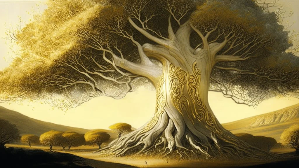 Valinor, tolkien, two giant trees, one giant golden tree, one giant silver tree,