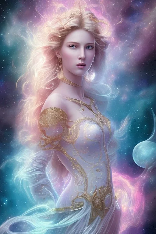 Create an image of a full body cosmic Goddess. The goddess should be depicted as a beautiful and powerful figure, surrounded by cosmic stars. Her hair should be long, blond and flowing, and she should be dressed in a flowing gown blue celestial robe. In the background, include imagery of pink flowers, blue sky,trees. The image should evoke a sense of joy, celebration, and spiritual connection to nature.