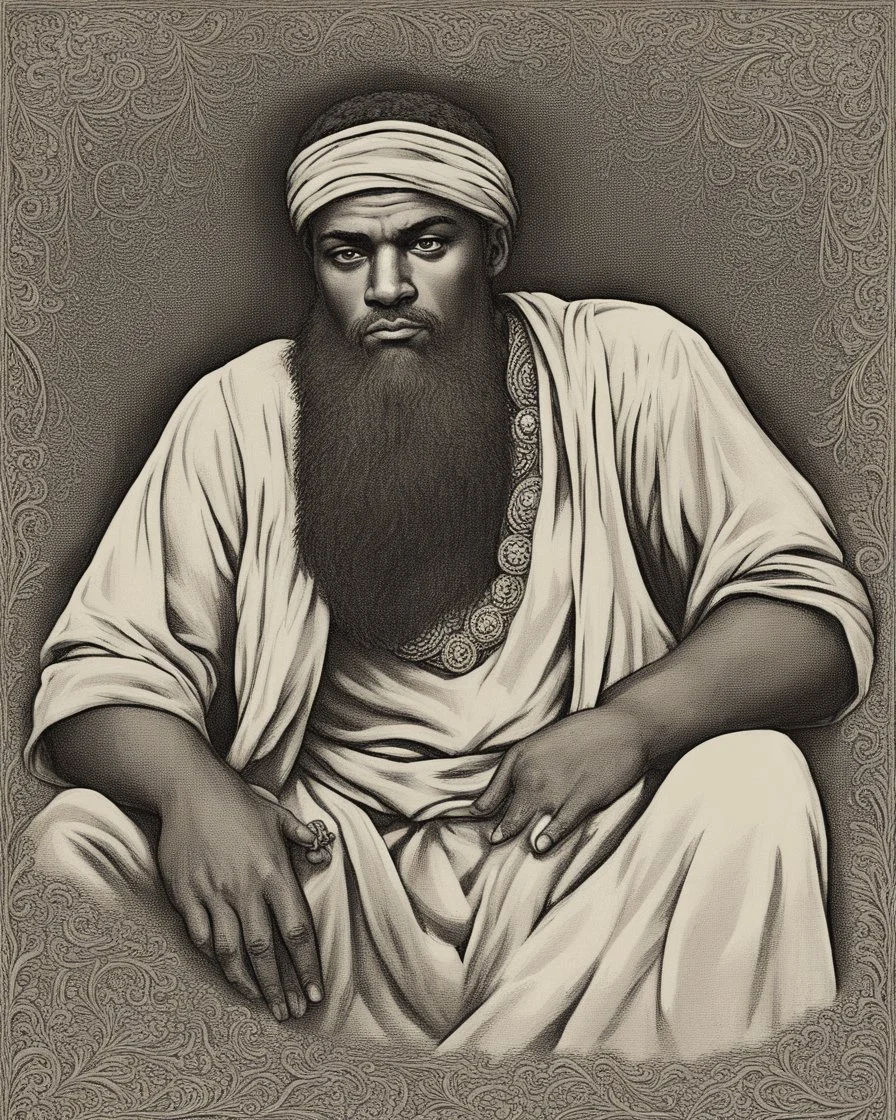 Ali, peace be upon him, was a man of medium height and stout, with long and arched eyebrows, big and black eyes, the white of which was mixed with red. His face was shining with beauty, it was like wheat. His hair was falling in front of his head and behind his head was hair like a jeweled headband. Because his neck was as narrow as silver, he had a big belly and firm back, a broad chest, fleshy and even and smooth sides, and fleshy and thick hands and fingers. His arm and forearm were tangled t