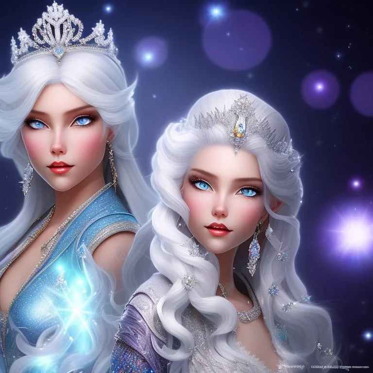 Ice Princess with white hair, a crown with precious stones, bright background