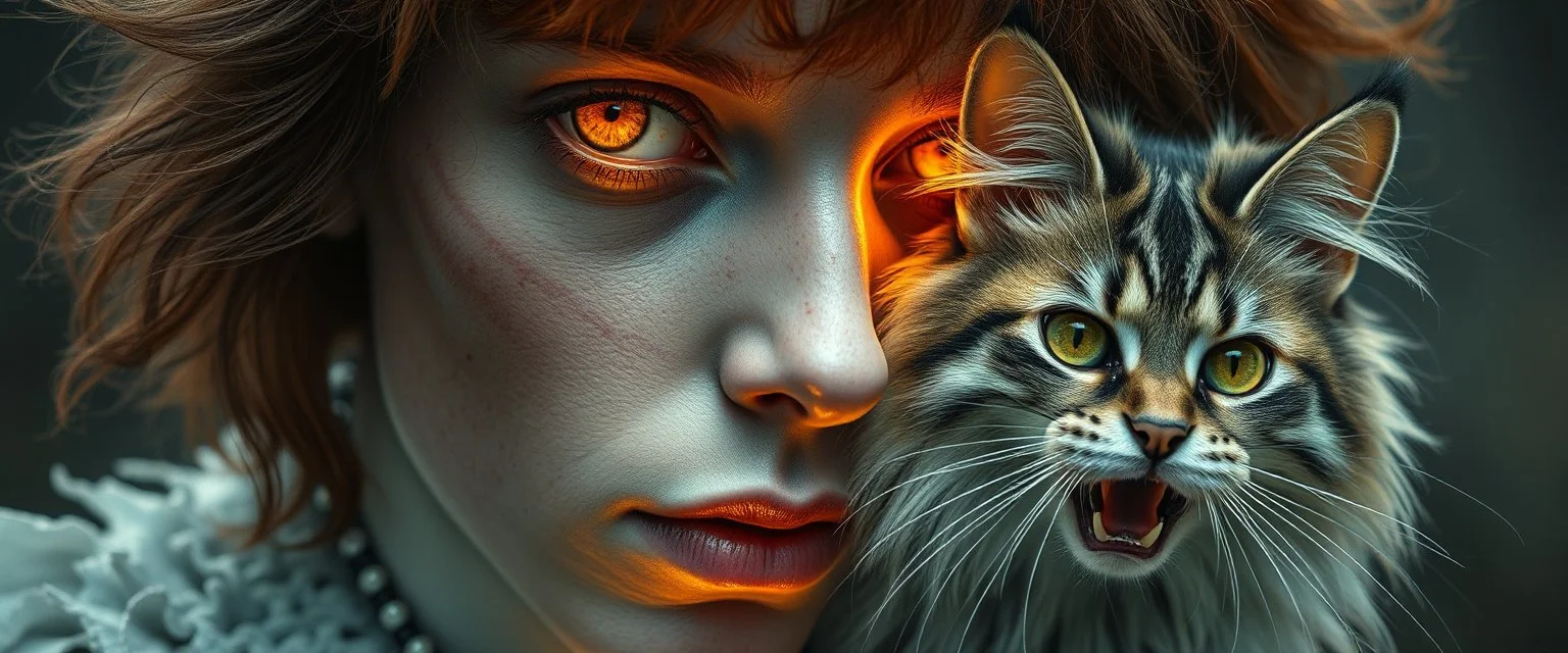 high class realism, dented skin, victorian era, cyber punk, A really close up portrait of one person individually mutated with hairy wigs glowing, and a long haired cat that just came out of a violent twister