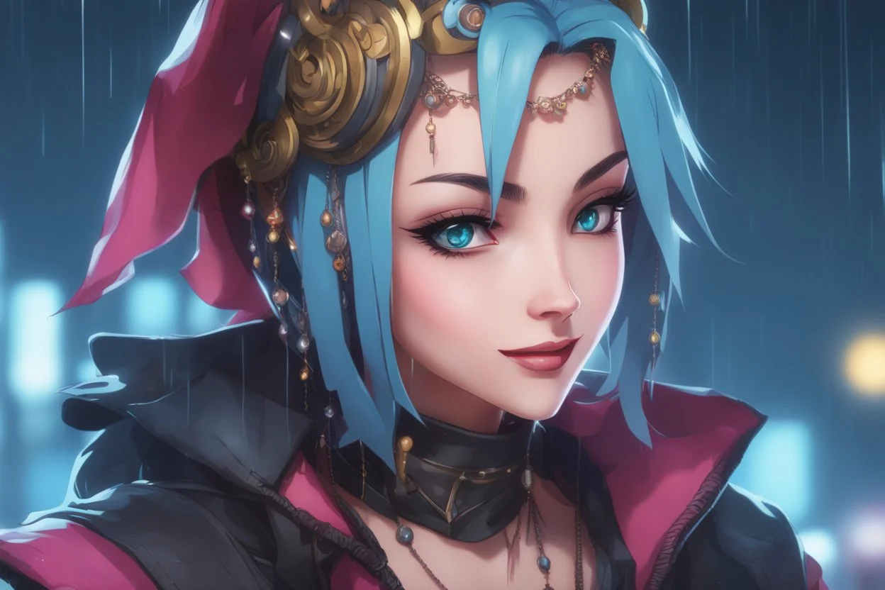 Jinx in 8k anime artstyle, arcane them, crazy laugh, close picture, rain, apocalypse, intricate details, highly detailed, high details, detailed portrait, masterpiece,ultra detailed, ultra quality