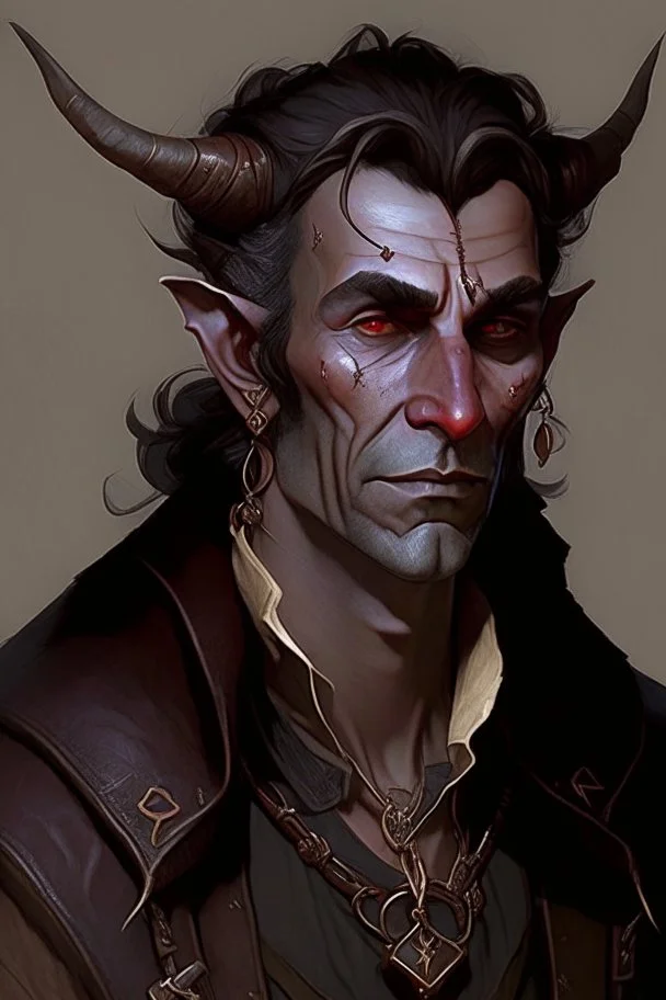 an older tiefling man, he has dark brown hair and looks a little dishelved, he wears a lot of jewelry and worn leather, he looks kind