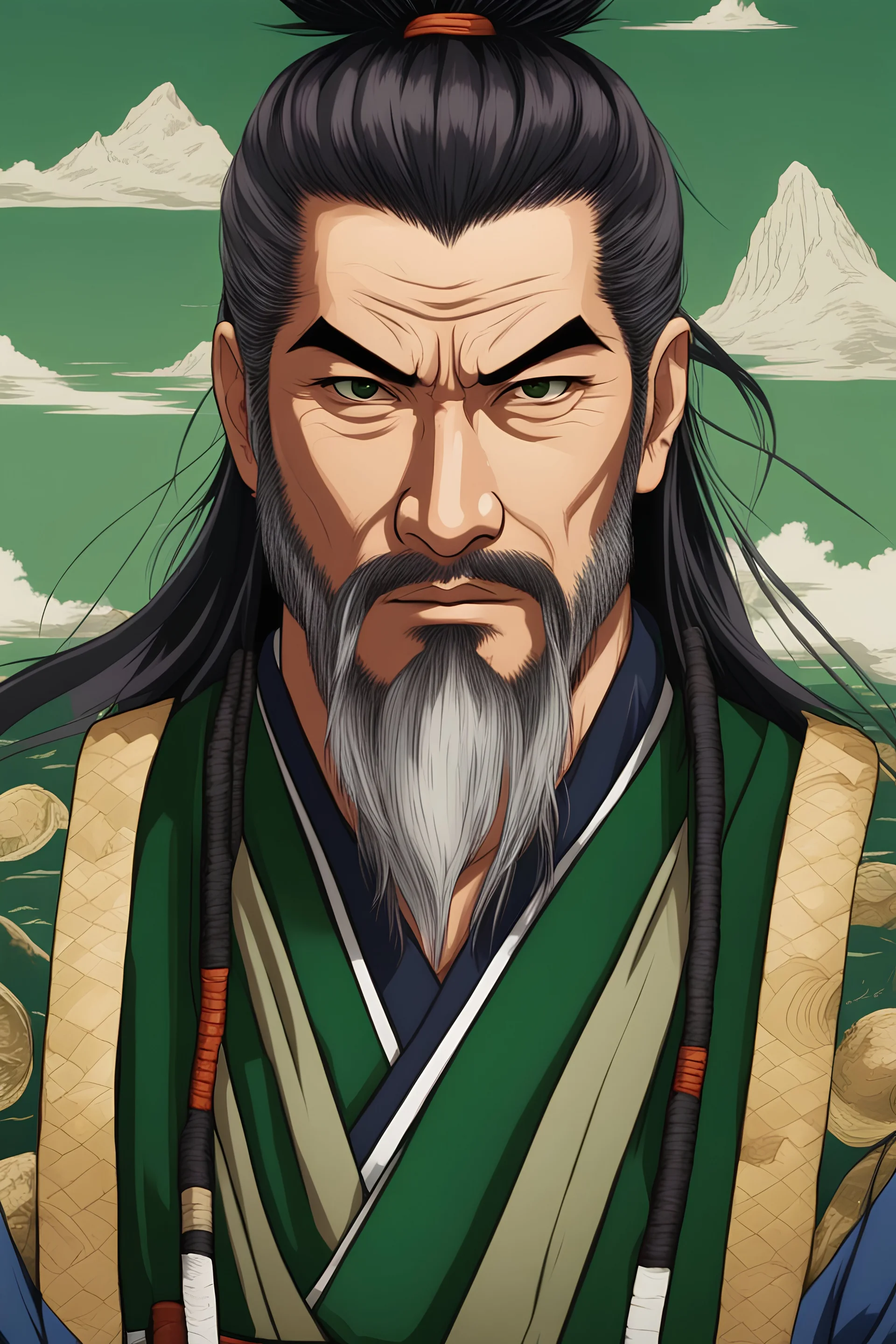 portrait of a middle age samurai, strong, heroic character, D&D character, bushido warrior, handsome, serious look, gentle smile, 8k resolution, long black hair, green yukata with tortoise signets, no left arm, trim beard,japanese harbor in the background,