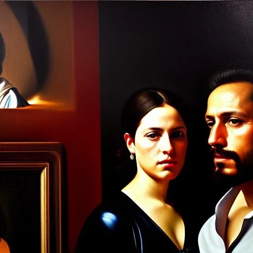 portrait of Jacobo Santiago Mozos born in 1976 and Gemma Arnau Arnau born in 1979,Caravaggio, oil on canvas, cinematic composition, extreme detail,8k,fit full head inside picture,