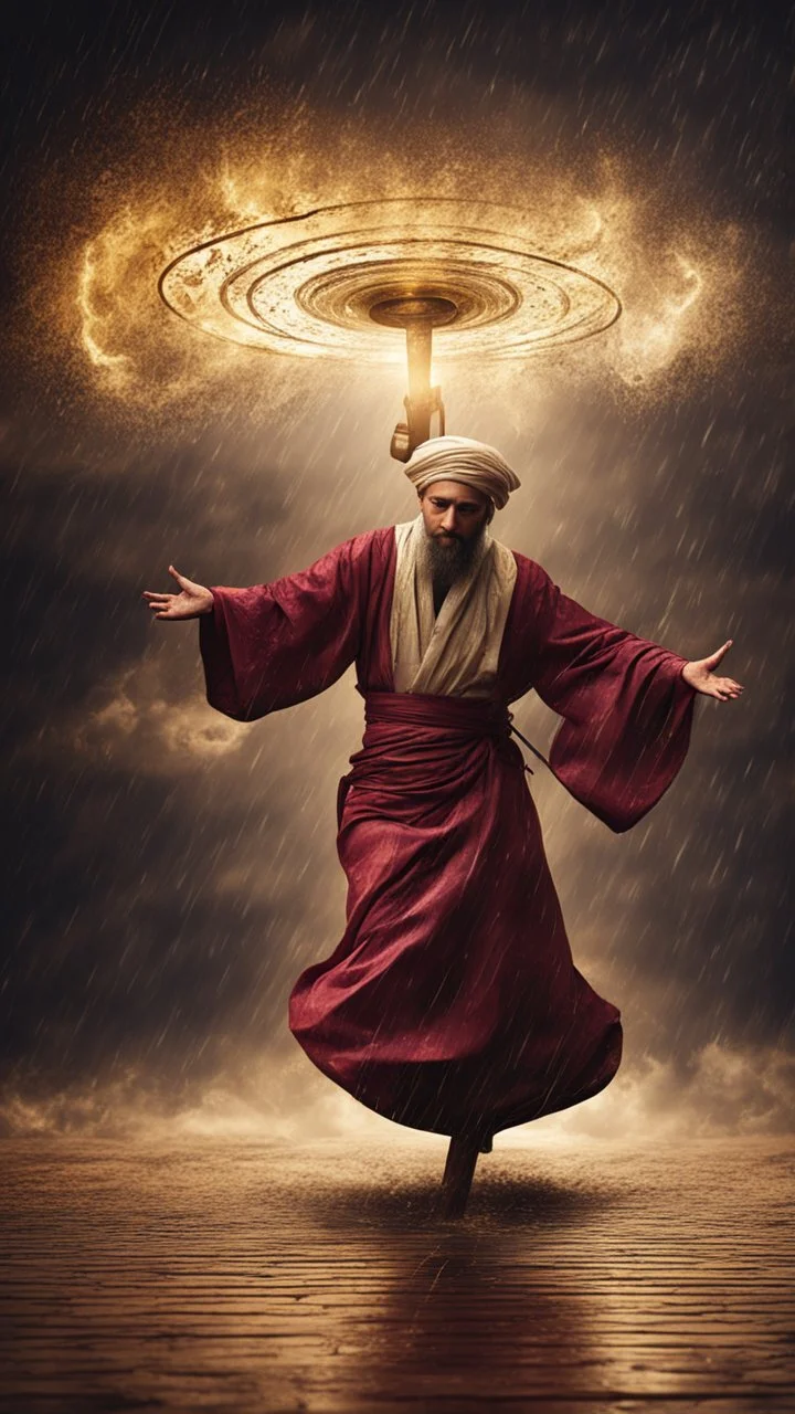 Hyper Realistic Sufi Whirling with Golden & Maroon Islamic Sufi Rustic Grungy Background with thunderstorm at heavy rainy night