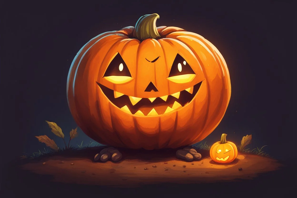 круглая тыква с прорезанной ухмылкой и горящим изнутри оранжевым светом. Маленькое существо в заляпанном землей фартуке, в стиле Stardew Valley