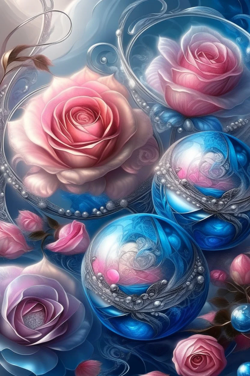 MAGIC ROSE balls,gusts of wind,spiral, patterns ,silver pink blue, composition,flowers,pearls, silk,colored ribbons ,realistic,macro,delicate colors grace, transparent,aesthetically pleasing,hyper detailed,unusual,combination is extremely beautiful,drawing details ,magic,aesthetics, bright light, clarity,fantastically,,close-up, filigree,pastel,watercolor,detailed drawing..,hyperdetalization,surrealism,glitter,5d ,transparent details,futuristic,best quality.