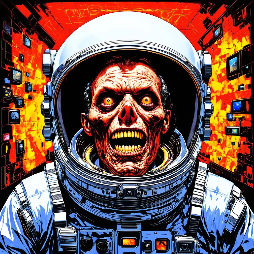 nihilism, damned astronaut zombie, gestalt time loop, color digital illustration, by Otto Rapp and Moebius, surreal, horror, fragmented collage, abstract, overlapping cel boxes shuffled and offset composition, moody, sinister