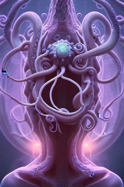 Spiritual being with Tentacles over human Head creating reality around, wrapping Tentacles around Human, Psychedelic