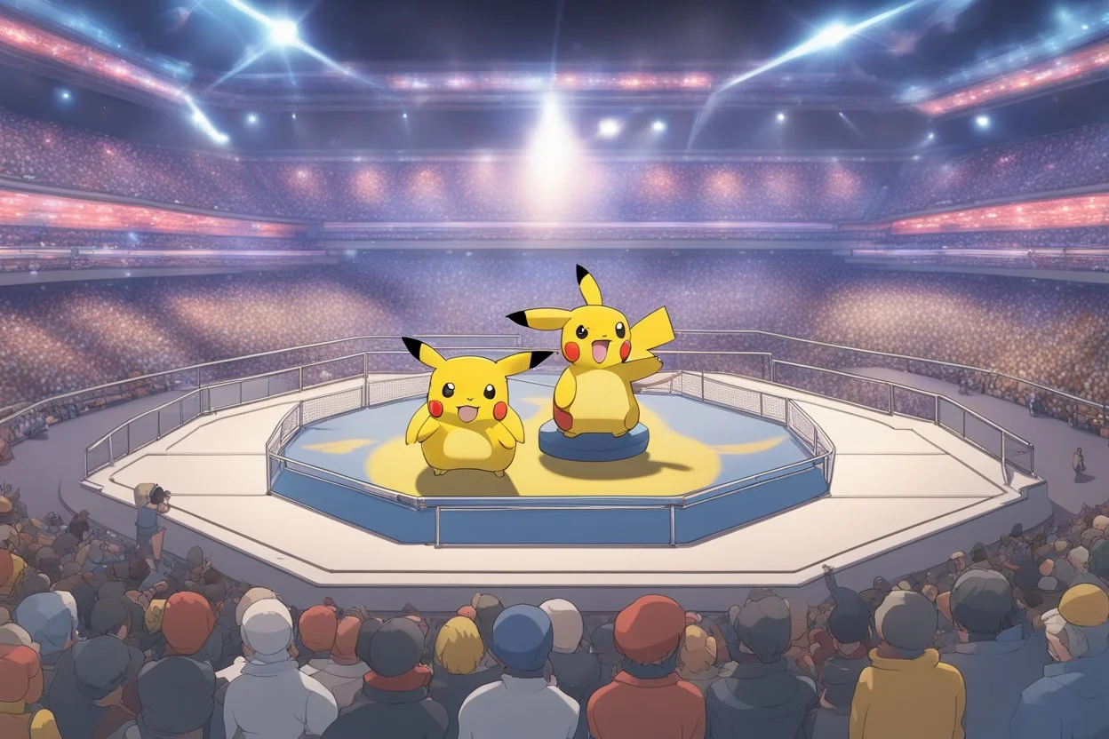 a Pokémon wrestling stadium with many lights and a big crowd, cell shading