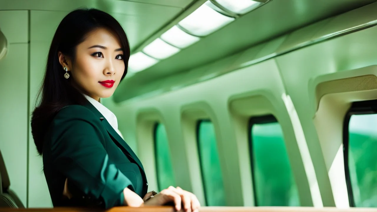 A very pretty Asian model in an air hostess uniform looking out of the window