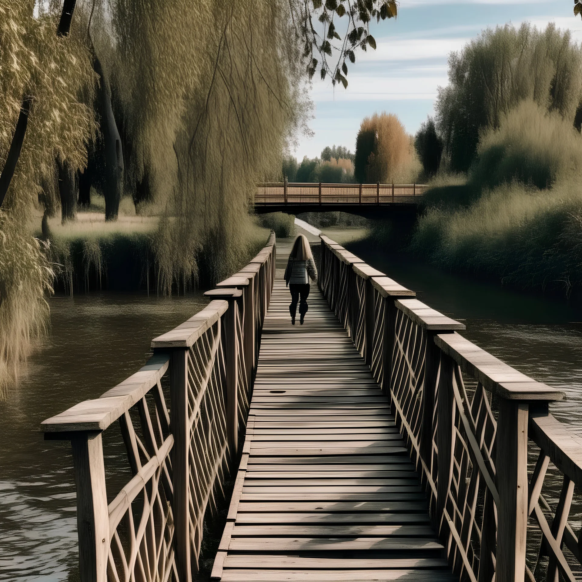 A wooden bridge over the river and a woman on the other side