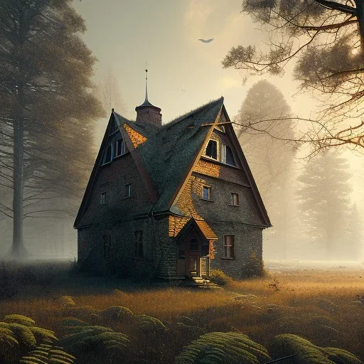 Abandoned attic simple Slovak type house,in the forest brick walls, highly detailed, hill in the background, two windows on the front wall, with roof, concept art by Greg Rutkowski