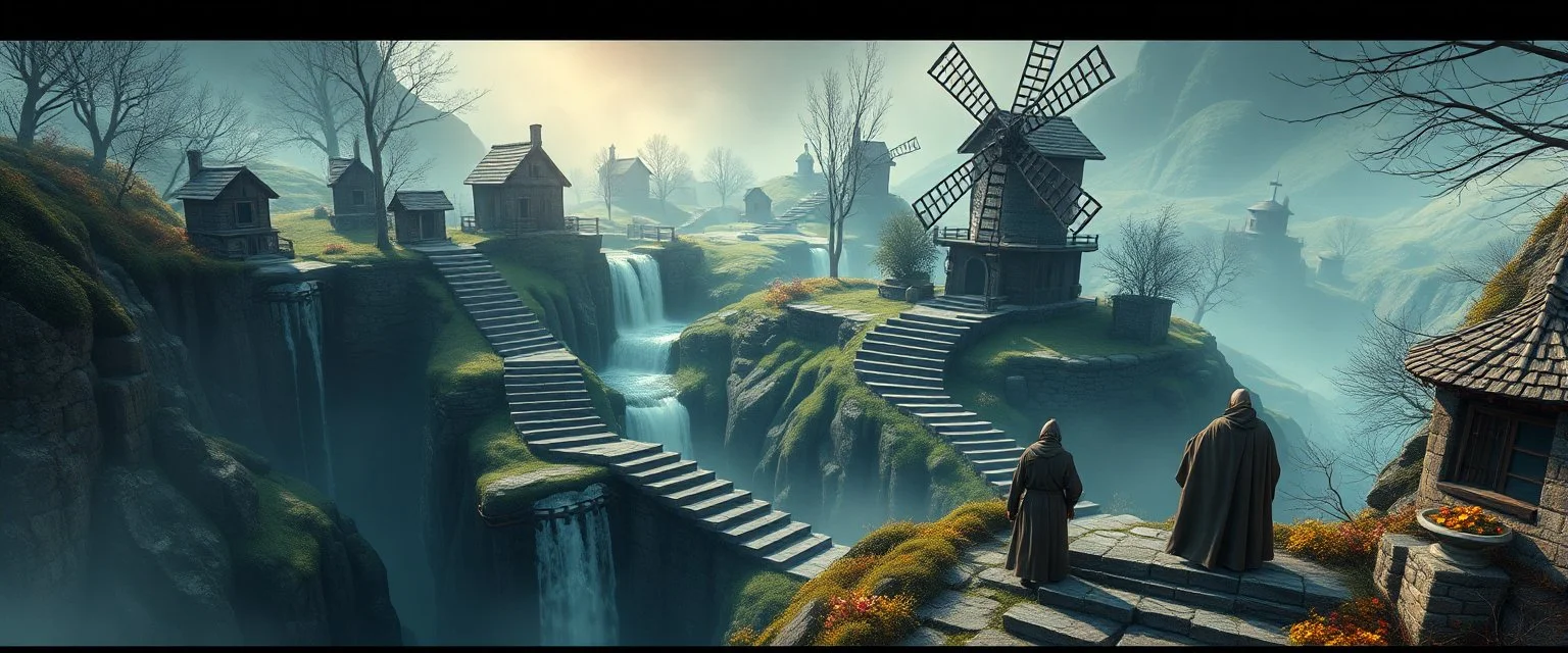 winding stairs in game waterfall and mill labyrinth landscape with houses and fog of war, monks looking up at camera