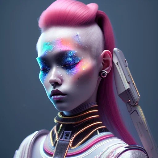 Cyber teenager, coloride makeup, red hair, rounded face, geisha style hair, white skin, pattern dress, velvet, vibrant color, cyberpunk style, highly detailed, art stations, concept art, smooth, unreal engine 5, god rays, ray tracing, RTX, lumen lighting, ultra detail, volumetric lighting, 3d, finely drawn, high definition, high resolution, gradient background