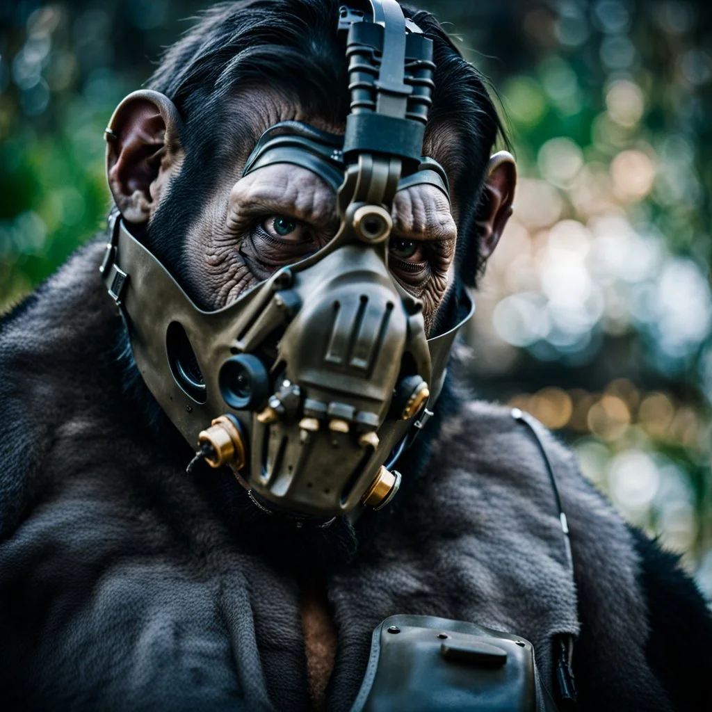 Cyborg, Ape, breathing device, gas mask, respirator Christopher Nolan, Dystopian, Extreme depth of field, bokeh blur, Alberta, all-natural, in the style of candid, imperfection, natural lighting, Fuji Film, Anamorphic lens