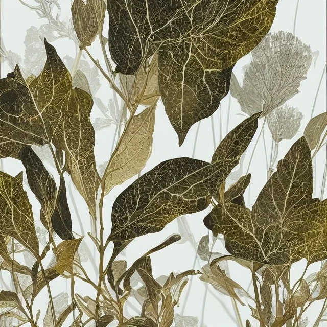 herbarium page, highly detailed, ( ( fantasy plants ) ), thin gold details, cool white, ( black background ), intricate digital painting by denis sarazhin, victo ngai, post processing, color grading