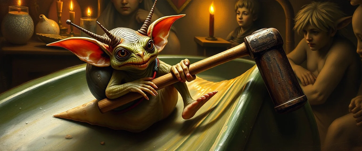 gremlin snegle på fest med stor slegge aker ned sklie malt av Rembrandt