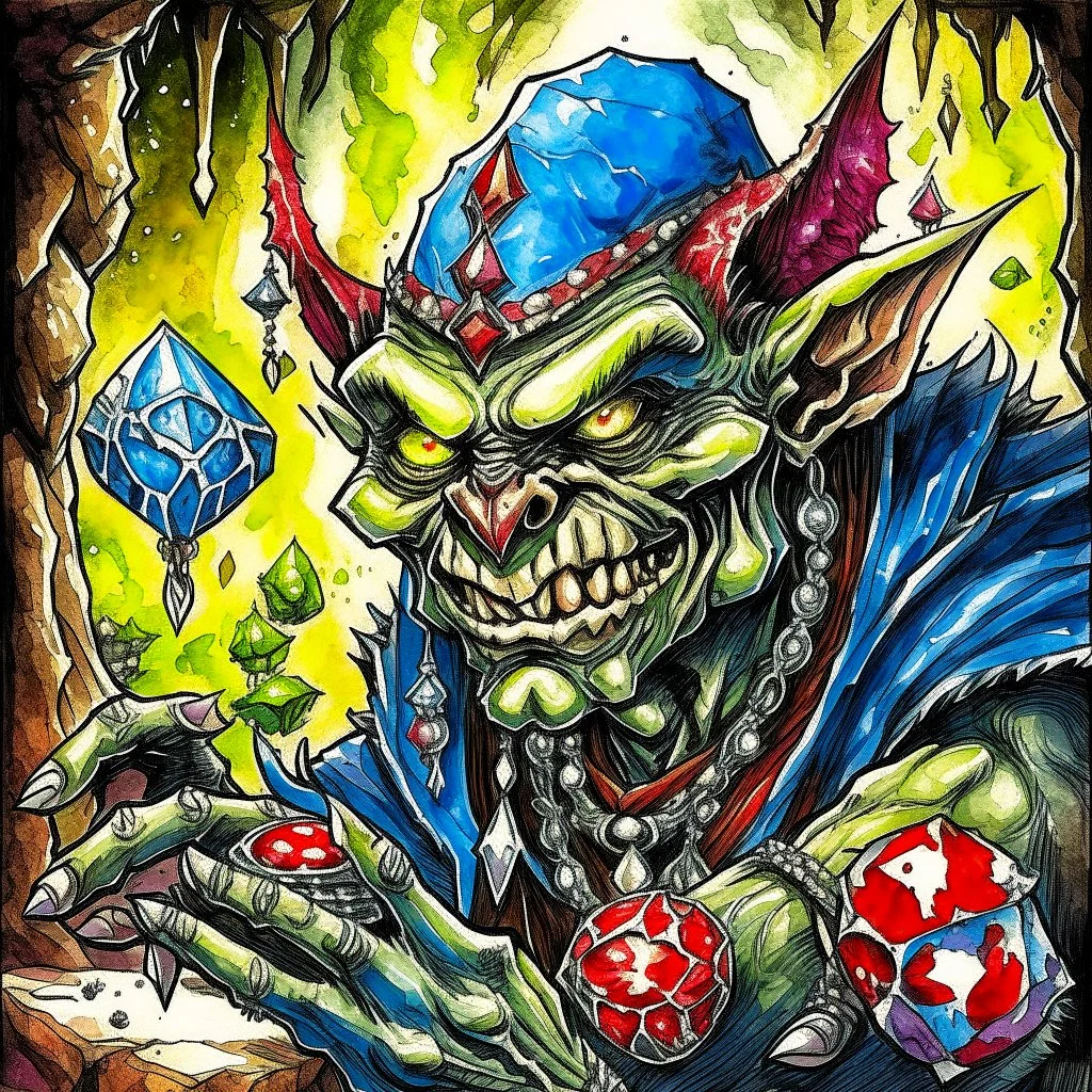 Dark Fantasy, bold fantastical grand digital watercolor and ink painting: super greedy sinister goblin-orc thief with wide eyes leeringly covetously admiring a fistful of jeweled treasure from a Dragon's hoard mound, face lit by large shining white diamond, fantastical illustration, in background is a single dragon's angry eye which barely can be seen between two columns, dark colors, dramatic, fantasy masterpiece, ultra detail, dynamic composition