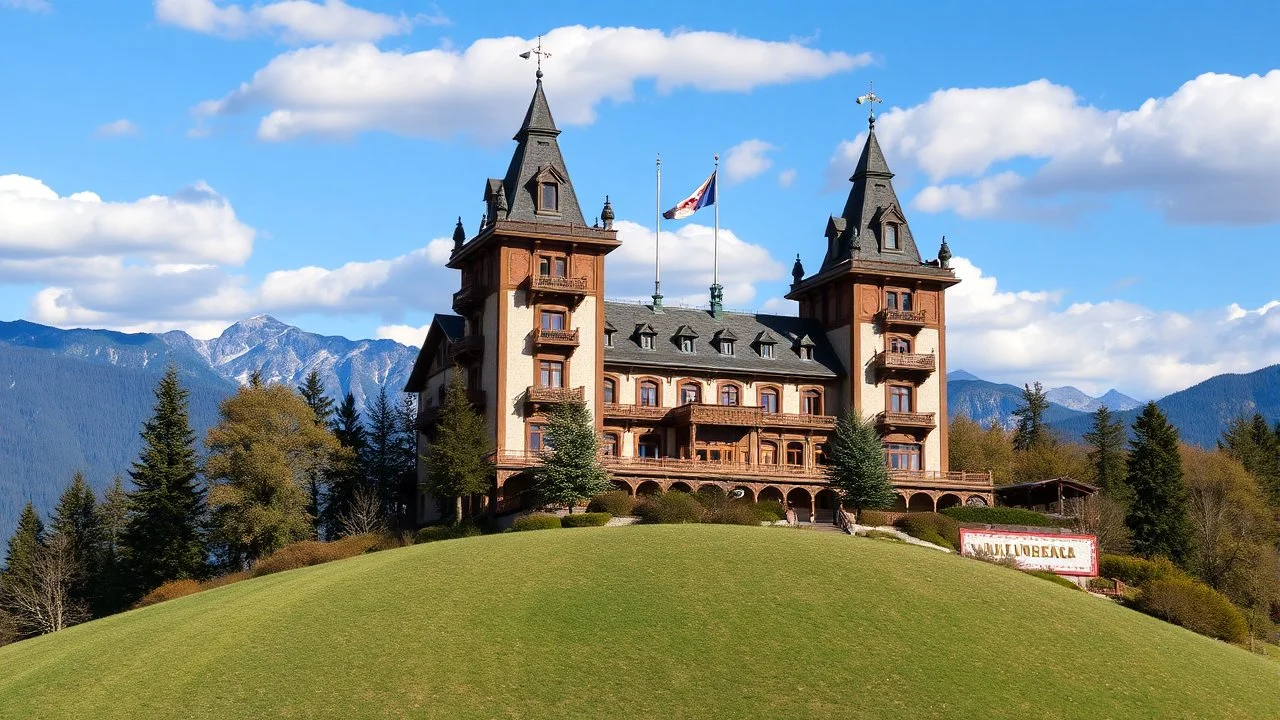 a large, ornate castle with two towers on top of a hill. The castle is made of wood and has multiple levels with intricate details. The towers have pointed spires and a flagpole with a flag flying in the center. The building is surrounded by trees and shrubs, and there is a grassy hill in front of it. The sky is blue with white clouds, and the mountains can be seen in the background. The overall atmosphere is peaceful and serene.