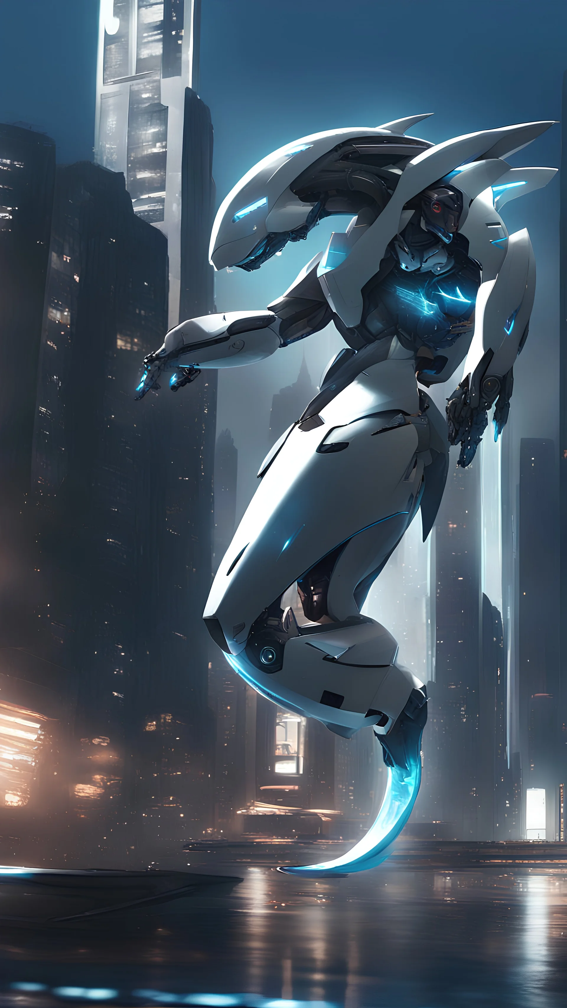 a picture of cyber shark that is flying in the city, cyborg whale, anno 2070, modern mecha anime, aeromorph, stunning sci-fi concept art, male robotic anthro orca, robotic anthro dolphin, cgsociety ), mecha anthropomorphic penguin, from arknights, cool mecha style, futuristic art style, mecha art